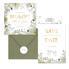 Trouwkaarten set botanisch met witte duiven