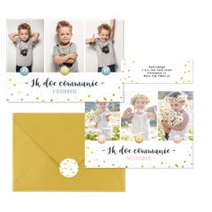 Hippe fotocollage kaarten communie met gouden confetti