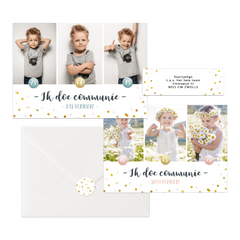 Hippe fotocollage kaarten communie met gouden confetti