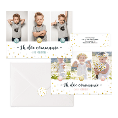 Hippe fotocollage kaarten communie met gouden confetti