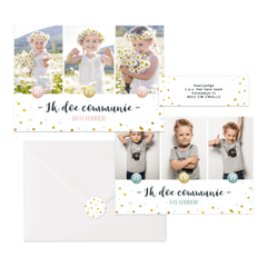 Hippe fotocollage kaarten communie met gouden confetti