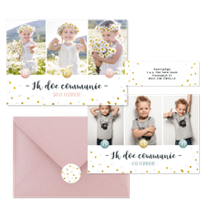 Hippe fotocollage kaarten communie met gouden confetti