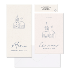 Communieset met illustratie van kerkje en duifje