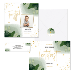 Hippe set met planten, waterverf en goudlook