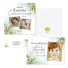 Stijlvolle set communiekaarten botanische bladeren watercolour en goud