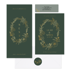 Trouwset met bloemenkrans in groen en goud