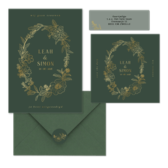 Trouwset met bloemenkrans in groen en goud