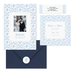 Romantische trouwkaartenset met lichtblauw roosjes patroon