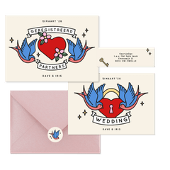 Trouwkaarten met tattoo stijl illustraties