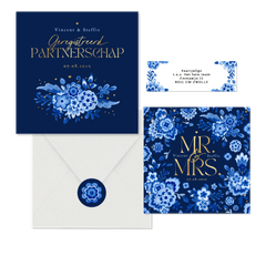 Trouwset Delftsblauw donker goud bloemen