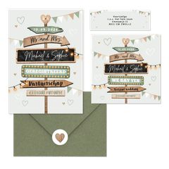 Festival thema trouwset met houten wegwijzers