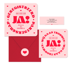 Trouwkaarten set modern typografisch romantisch hip roze rood