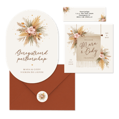 Trouwkaarten romantisch bohemian droogbloemen en gras