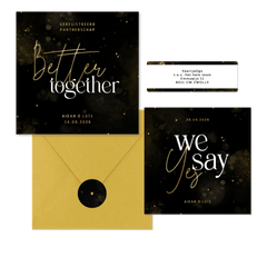 Stijlvolle trouwset zwart en goud met waterverf 