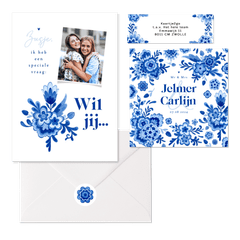 Trouwkaarten Delfts blauw bloemen origineel