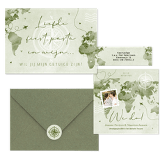 Trouwset wereldkaart waterverf groen paspoort