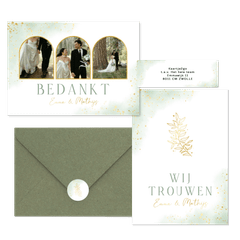 Bohemian trouwset met groene waterverf en gouden takje