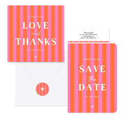 Hip en trendy trouwset gestreept roze oranje hartje