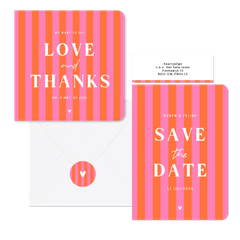 Hip en trendy trouwset gestreept roze oranje hartje