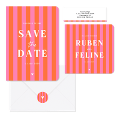 Hip en trendy trouwset gestreept roze oranje hartje