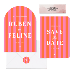 Hip en trendy trouwset gestreept roze oranje hartje