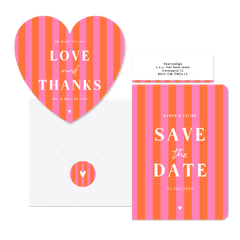 Hip en trendy trouwset gestreept roze oranje hartje