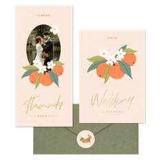 Zomerse trouwset met sinaasappels en goudfolie