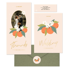 Zomerse trouwset met sinaasappels en goudfolie