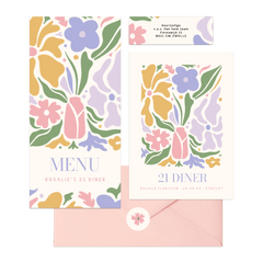 Trendy kaartenset 21 diner met pastel bloemen