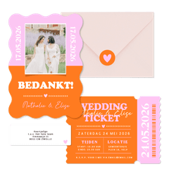 Vrolijke colorblocking trouwset oranje roze