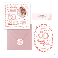 Trouwkaarten hip romantisch doodle illustraties roze