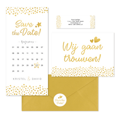 Witte trouwkaarten set met gouden stipjes 