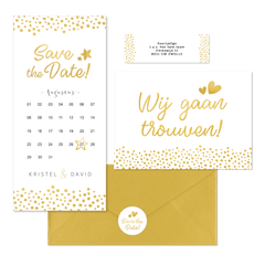 Witte trouwkaarten set met gouden stipjes 