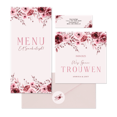 Klassieke trouwkaartenset in roze met aquarel rozen