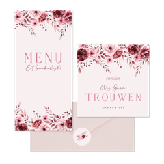 Klassieke trouwkaartenset in roze met aquarel rozen