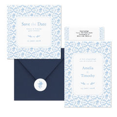 Romantische trouwkaartenset met lichtblauw roosjes patroon