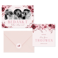 Klassieke trouwkaartenset in roze met aquarel rozen