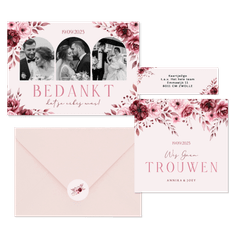 Klassieke trouwkaartenset in roze met aquarel rozen