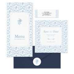 Romantische trouwkaartenset met lichtblauw roosjes patroon