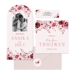 Klassieke trouwkaartenset in roze met aquarel rozen