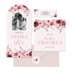 Klassieke trouwkaartenset in roze met aquarel rozen