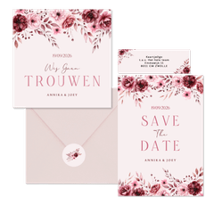 Klassieke trouwkaartenset in roze met aquarel rozen