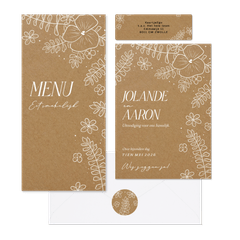 Trouwset kraft lijnillustraties witte bloemen