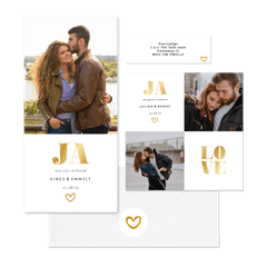 Stijlvolle trouwset met fotocollage in wit en goud