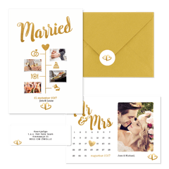Trouwset met gouden typografie en kalenders