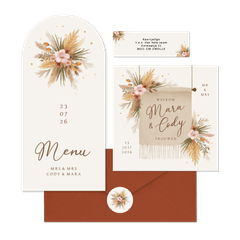 Trouwkaarten romantisch bohemian droogbloemen en gras