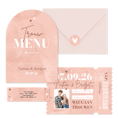 Trouwkaarten roze waterverf hip hartjes ticket