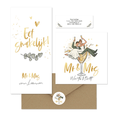 Grappig - trouwkaarten cartoon bruidspaar champagne