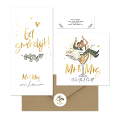 Grappig - trouwkaarten cartoon bruidspaar champagne