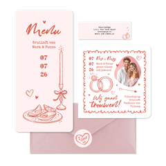 Trouwkaarten hip romantisch doodle illustraties roze